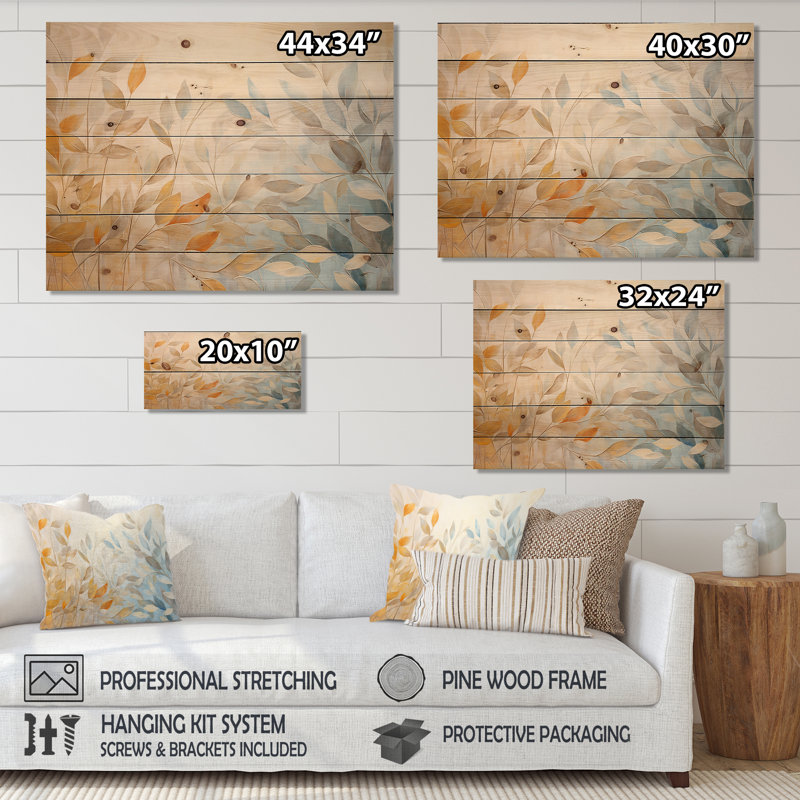 «Leaves Autumn Sunlight Harmony I» - Art mural en bois sur bois de pin naturel, H 10 po x l 20 po