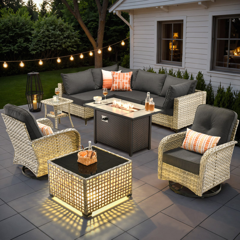 Emroy 6 - Person Outdoor Wicker Sectional Seating Group with Lighted Coffee Table and Swivel Chairs, All Weather Modular Rattan Conversation Set with Cushions