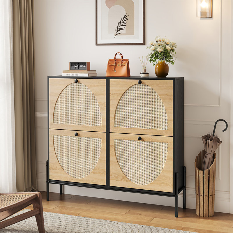 Space-Saving Rattan Shoe Cabinet With 4 Flip-Down Doors – Elegant Narrow Storage For Entryways & Hallways, Black
