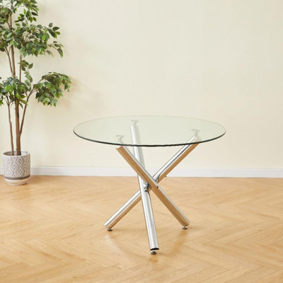 Xander Round Glass Table w/ Stainless Steel Legs for Kitchen, Living Room, Small Spaces & Breakfast Nooks