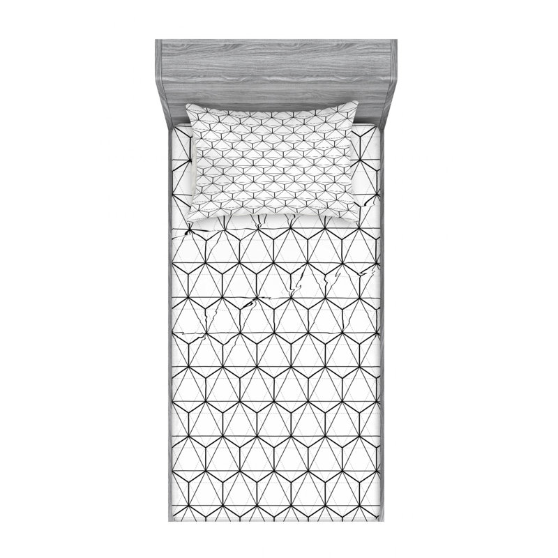 Ensemble de draps hexagonaux superposés, Ensemble de draps pour lit simple TG avec drap-hou, Géométrique, Noir / Blanc / Gris