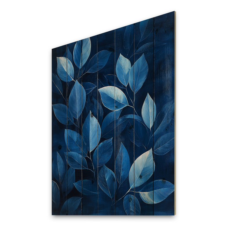 Échos de la forêt bleu marine, plancher I - impression sur bois de feuilles - sur bois de pin naturel, H 44 po x l 34 po 