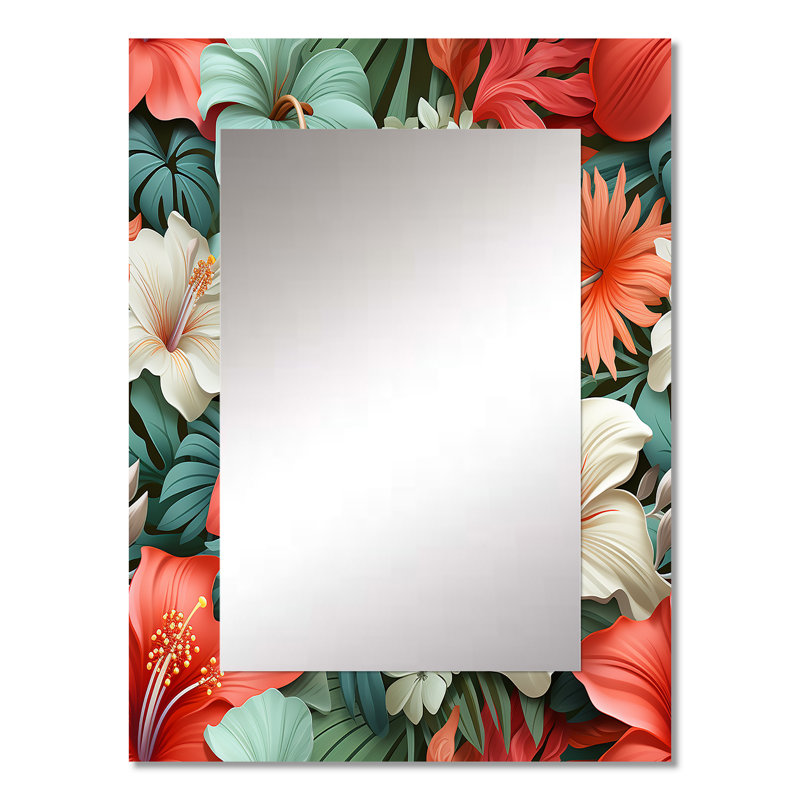 Motif tropical Chesterbrook Paradise Mirage - grand miroir mural tropical, botanique, miroir décoratif floral, impression d'art en métal