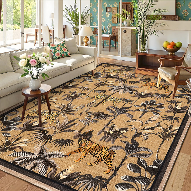 Tiger Area Rug for Living Room, Machine Washable Non-Slip Low Pile Rug, Botanical Jungle Animal Print Rug, Stain-Resistant Soft Foldable Floor Covering