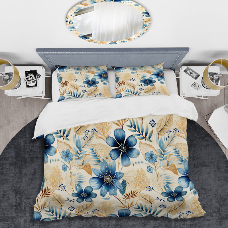 Ensemble de housse de couette Boho White Blue Hibiscus Flowers I, Housse de couette pour grand lit et 2 taies décor