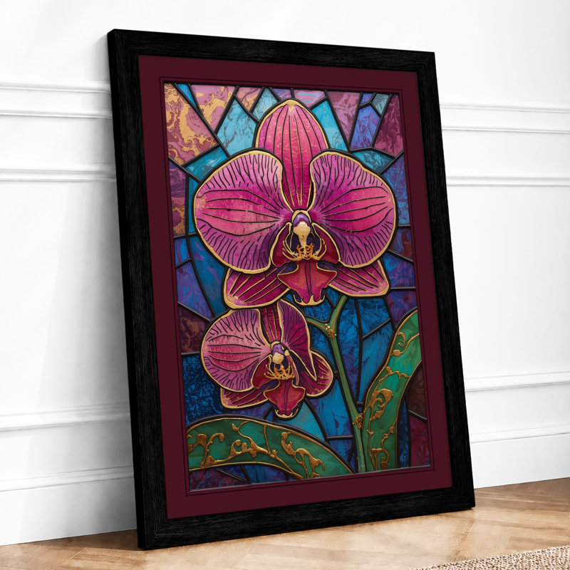 Stained Glass Orchids Botanical - Framed Print, A2 - 59.4 x 42.0 cm, Black