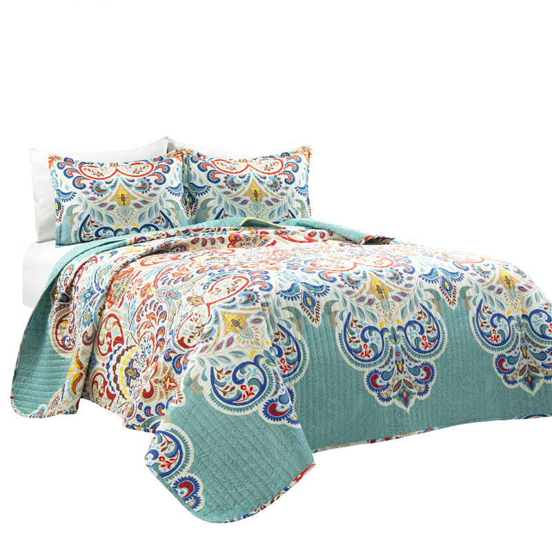 Seafoam and Red Boho Chic Reversible Cotton Full Quilt Set