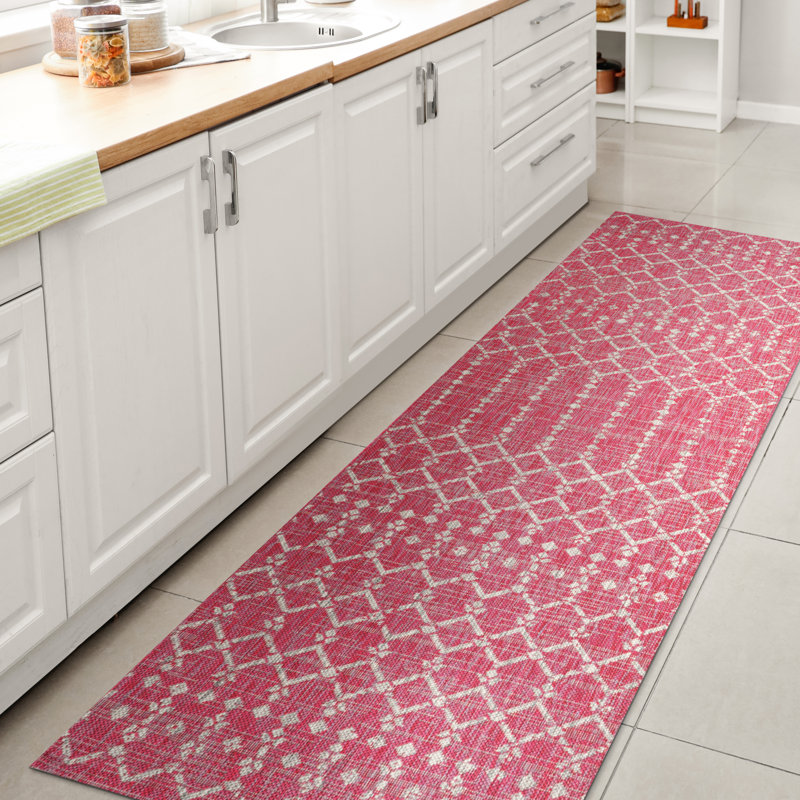 Crompton Moroccan Geometric Textured Weave Indoor/Outdoor Rug, Runner 2'2" x 8', Fuchsia/Light Gray