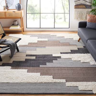 Ingelene Hand Woven Wool/Cotton Rug in Black/Ivory