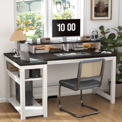 Farmhouse L-Shaped Computer Desk With LED & Power Outlets, Corner Gaming Desk With Built-In Monitor Stand, Adjustable Shelves, Home Office Workstation