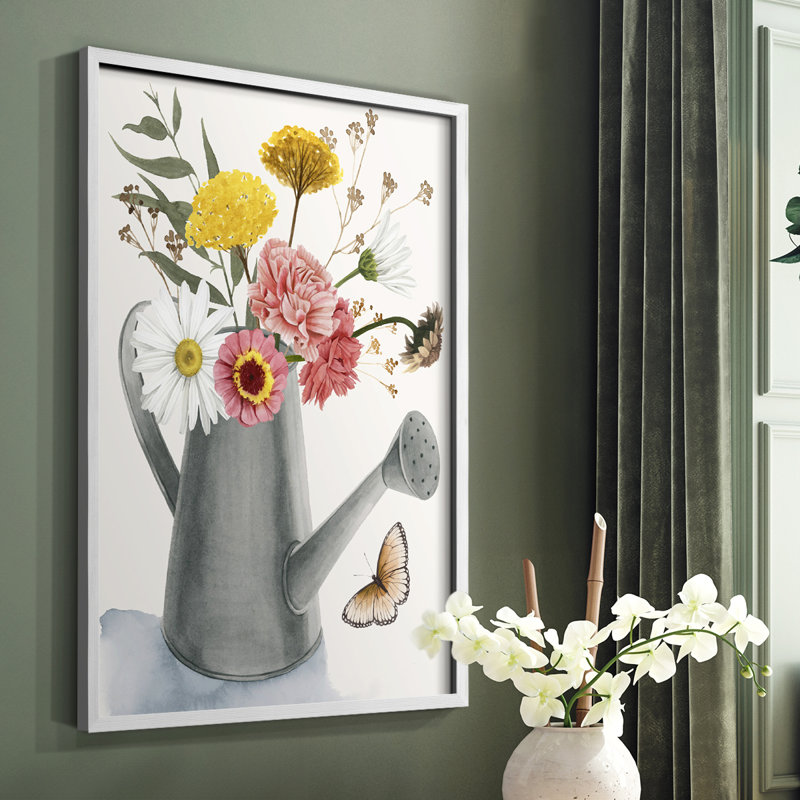 «Watering Can Bouquet II», reproduction encadrée - bois massif, H 20 po x l 16 po, Blanc