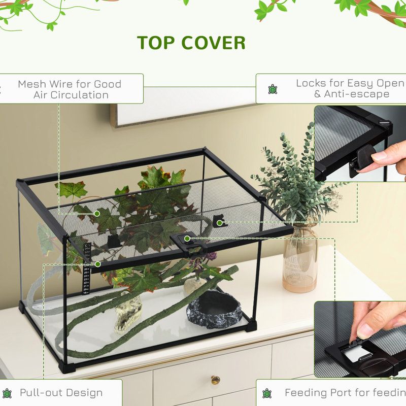 Enceinte en verre de reptile noir, 14 gallons avec couvercle coulissant pour l'alimentation, les lézards, les serpents, les grenouilles, les araignées terrarium - vue complète, ensemble de décoration, araignées sécuritaires,