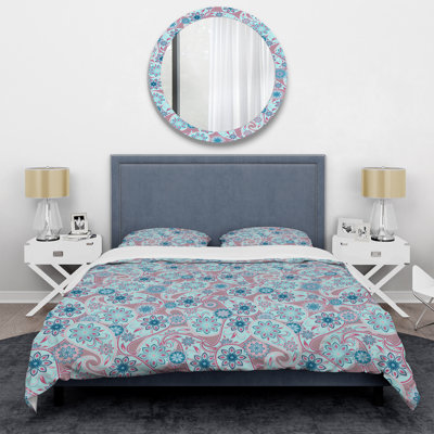 Pink and Blue Floral Paisley - Abstract Duvet Cover Set - Microfiber Polyester