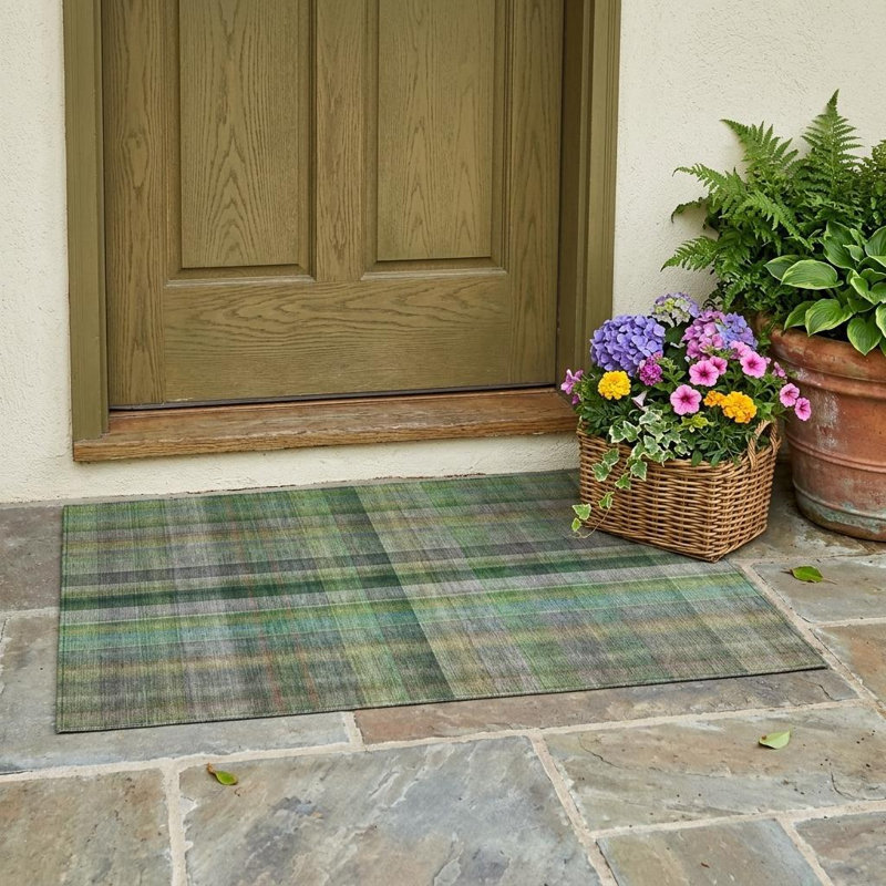 3' X 5' Green Plaid Washable Non Skid Indoor Outdoor Area Rug