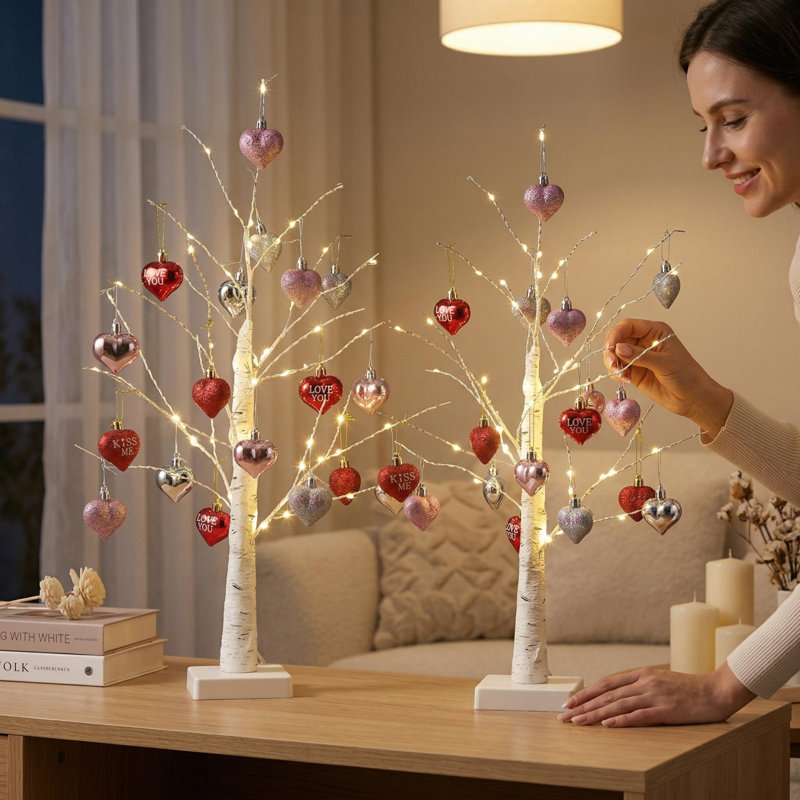 Paquet de 2 lumières d'arbre en forme de cœur DEL, lampes de table en bouleau de table alimentées par USB de 15,75 pouces avec 18 ornements en forme de cœur, décor Saint-Valentin blanc chaud