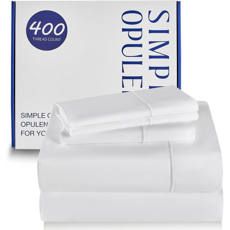 Ensemble de draps 100% coton 400 fils, Ensemble de draps pour grand lit avec 2 taies d'or, Blanc