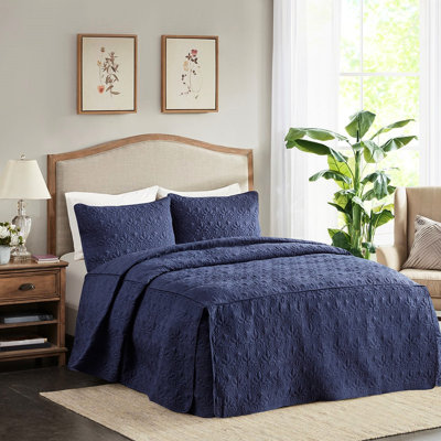 Couvre-lit bleu marine doux et confortable 3 pièces, coin fendu, motif plissé, bourre, tissu d'angle