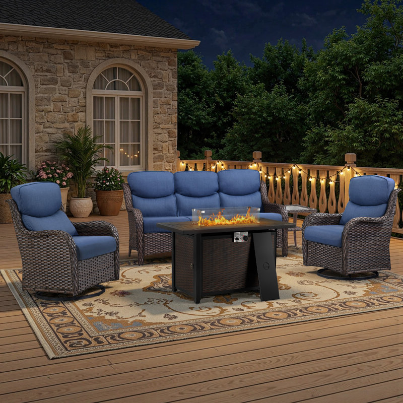 5 - Person Handwoven Wicker Patio Conversation Fire Pit Set With 5" Olefin Cushions Swivel Glider Chairs & Side Table, Blue