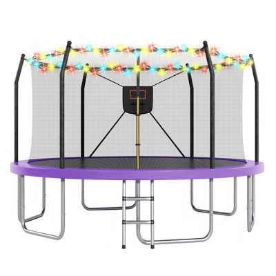 Trampoline 14 pi avec lumières et panier de basketball, trampoine récréatif extérieur 16 po pour enfants et adultes