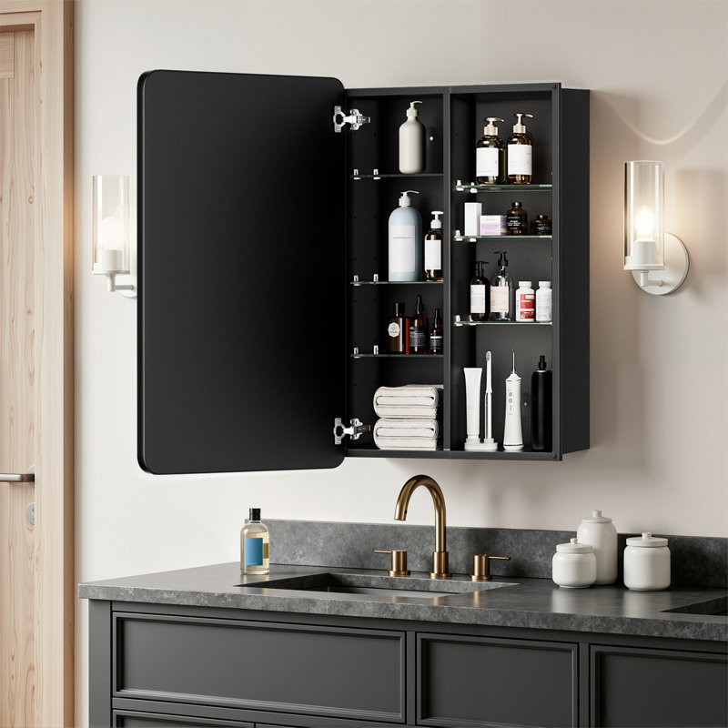 Armoire à pharmacie encastrée ou murale Ahn avec miroir, étagères réglables et séparateur central, Noir