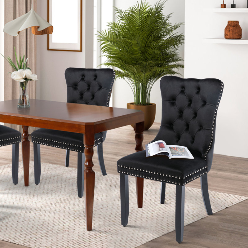 Tufted Velvet Wing Back Side Dining Chairs, Black, Black