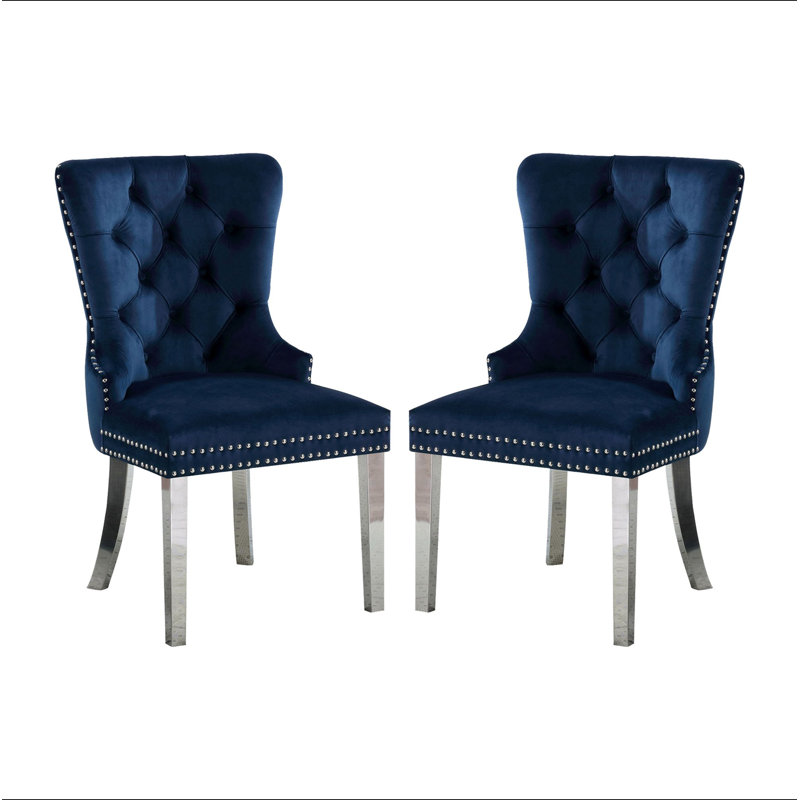 Ensemble de 2 chaises à oreilles avec dossier capitonné bleu et chrome
