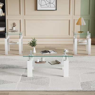 Esbeidy 3-Piece Living Room Table Set with Glass Top, Metal Legs & 2-Tier Storage Shelves, Includes 1 Coffee Table & 2 End Tables