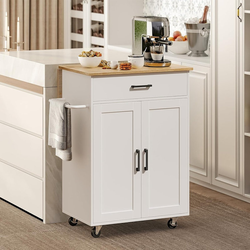 Îlot de cuisine roulant avec abattant, chariot de comptoir pliable avec porte-serviettes et tiroir pour la cuisine ou la salle à manger, blanc et naturel