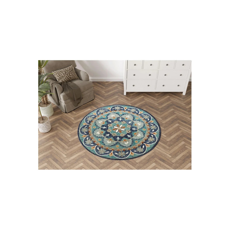 Blue Tone Multicolored Traditional Motif Floral Patterned Creative Woven Base Round Decorative Carpet, Round 4'