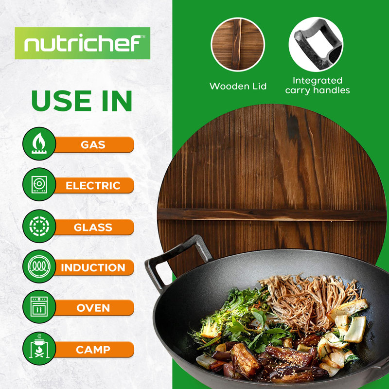 Nutrichef 14'' Non-Stick Cast Iron Wok with Lid