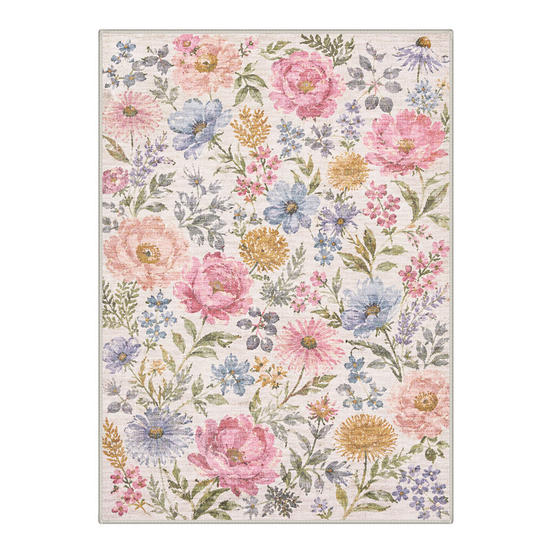 Tapis floral ivoire / rose lavable à la machine avec envers antidérapant, Rectangle 8' x 10'