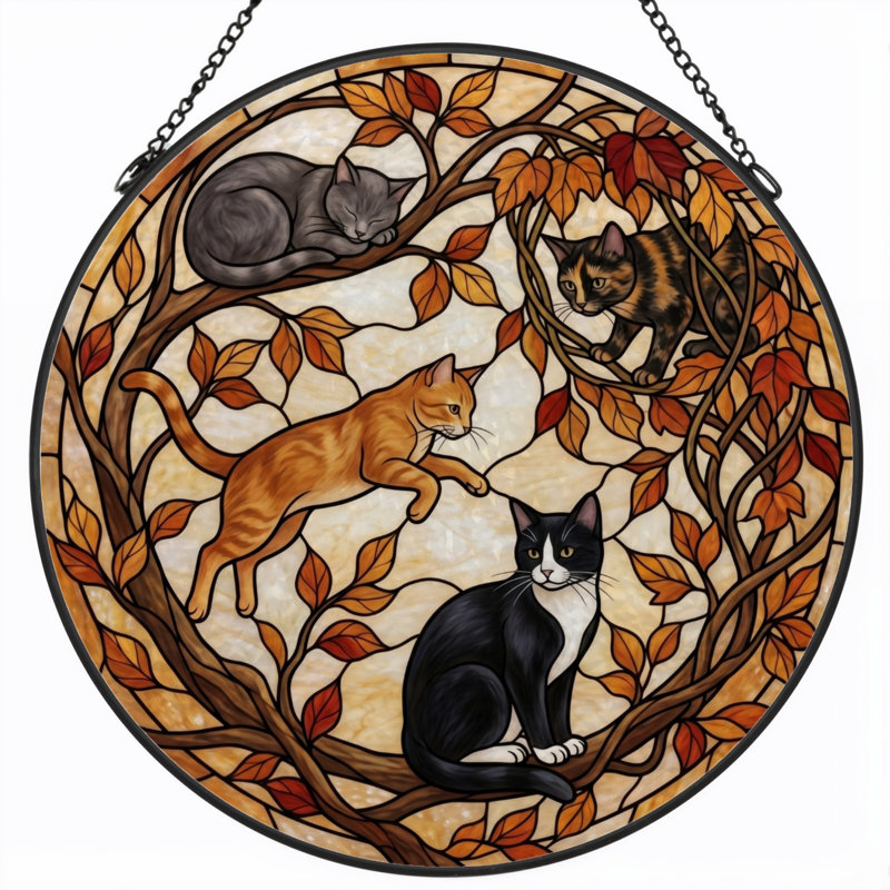 Cats Tree Stained Glass Window Panel，7.8H, 7.8"H