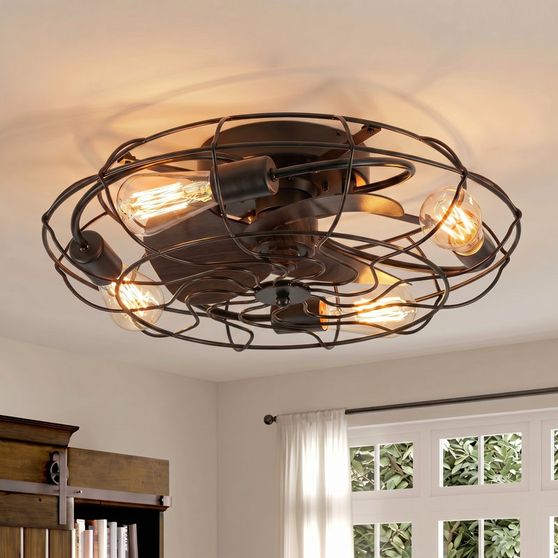20.4" Bloneva Farmhouse Caged Ceiling Fan with Light Kit and Remote Control Included, Black with Walnut Blades