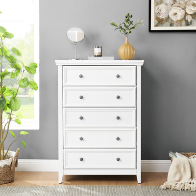 White 5 Drawers Cabinet. Spacious Dresser For Living Room With Raised Pattern Handle. 15.89 Inch Depth Drawer Storage. Cabinet Smooth Movement Feature. 31.5x15.89x44.3 Inches