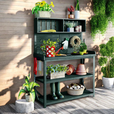 Large Outdoor Farmhouse Wooden Potting Bench Table With 4 Storage Shelves And Side Hooks