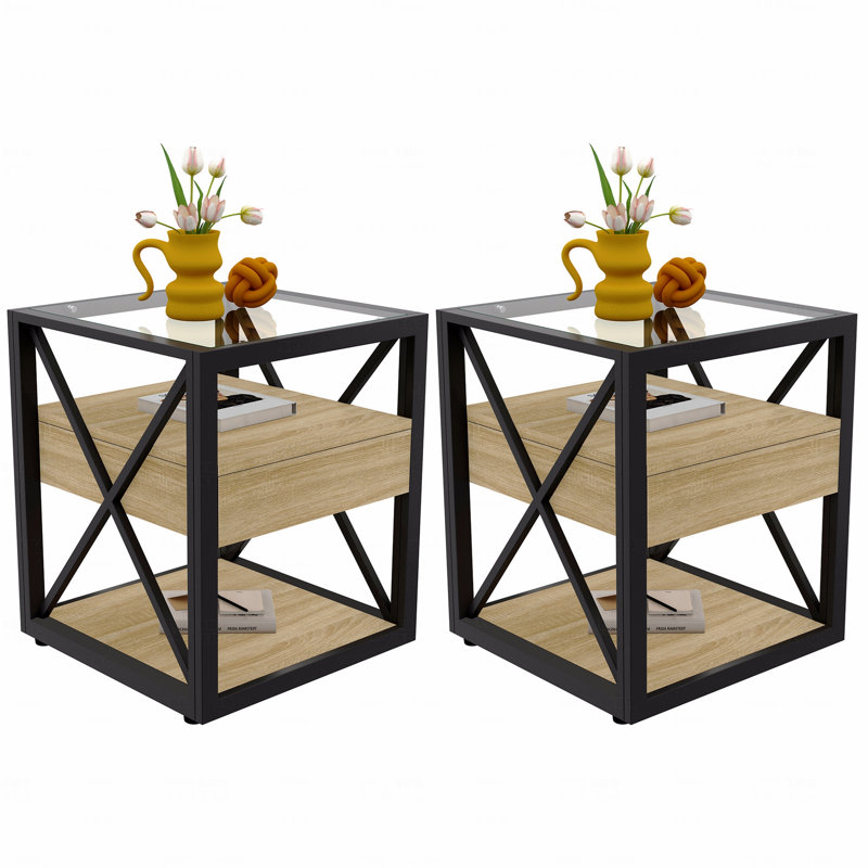 Ensemble de 2 tables de bout et de table de bout, table de bout moderne avec tiroir - table de chevet (table de chevet), plateau en MDF et verre trempé naturel, table d'appoint de style industriel