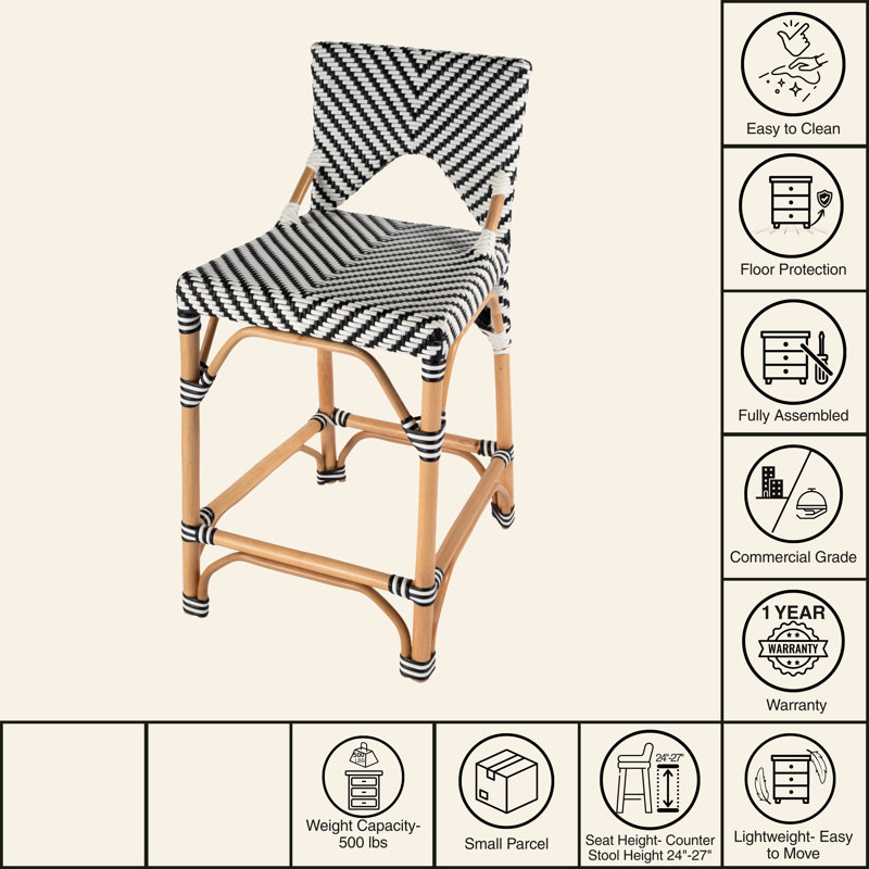 Creanly Rattan  Counter Stool, Black/White