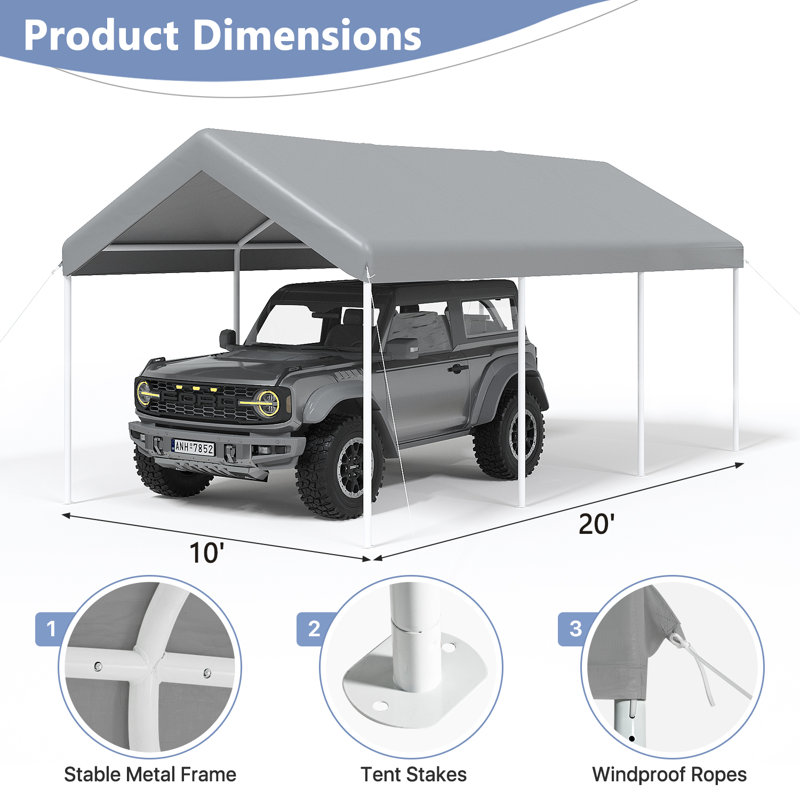 10 X 20ft Heavy Duty Portable Carport Canopy, Galvanized Frame Portable Garages and Shelters, Gray