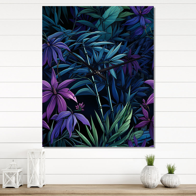 Horloge murale moderne tropicale crépuscule vert et mauve, Grand