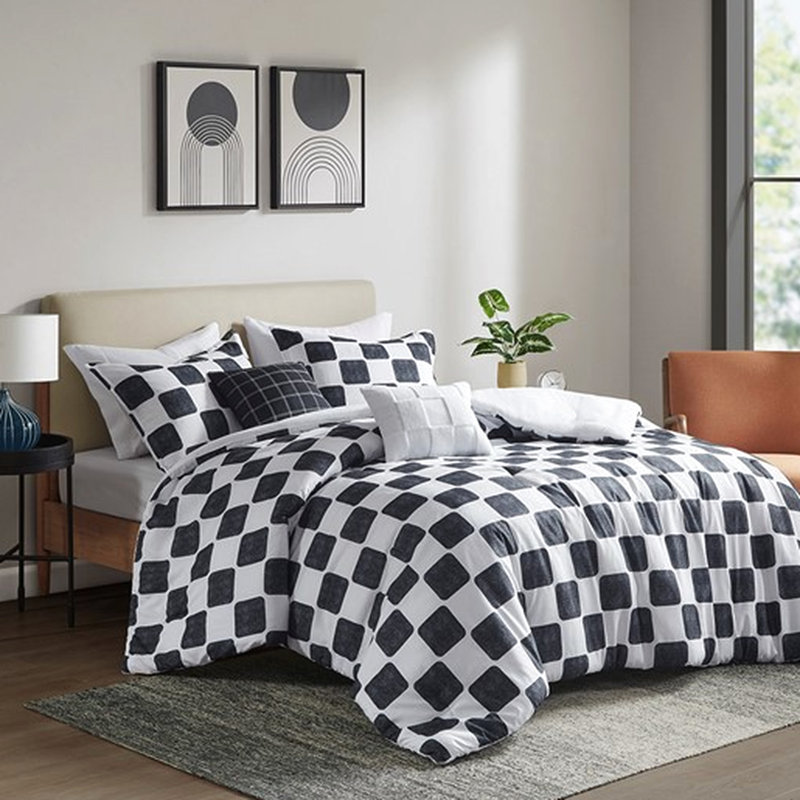 Édredon simple / simple TG en microfibre à carreaux avec rembourrage, - étiqueté, lavable à la machine, 1 édredon, taie décorative, 2 coussins décoratifs, style moderne avec imprimé noir et blanc, coussins décoratifs