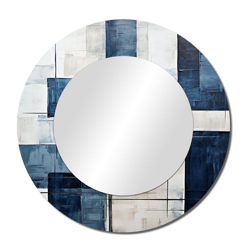 Sabeeha Indigo Illusion Abstract Shapes V - Abstract Shapes Decorative Wall Mirror, Black Round Mirror, Printed Metal Art