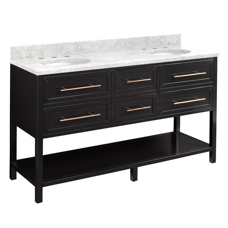60" Robertson Double Bathroom Vanity Set with Oval Undermount Sinks, Black, 8" Widespread, Carrara Marble