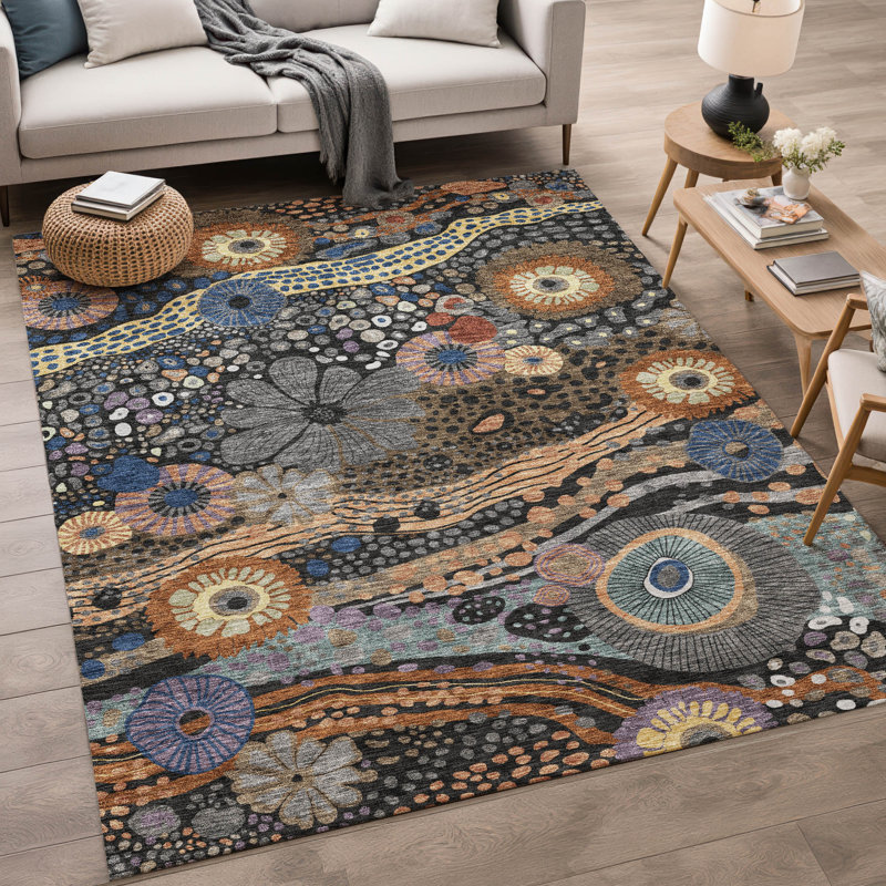 Tapis floral intérieur / extérieur lavable à la machine Chantille ACN2498, Noir, 3 pi x 5 pi