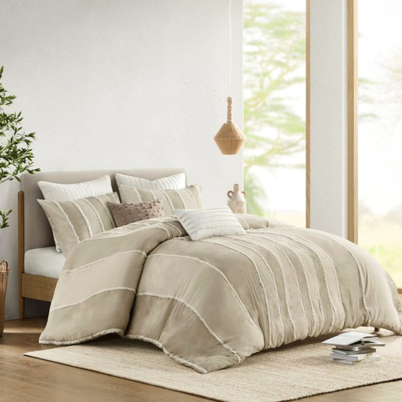Housse de couette en coton pour lit très grand / très grand avec rayures contrastantes taupe et