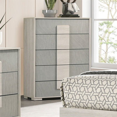 Commode à tiroirs en queue d'aronde de style contemporain 1pc deux tons centre glissières en métal panneaux de bois blanc délavé et finition de pierre gris