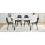 Ensemble de table et de chaises. Table à manger rectangulaire moderne, pouvant accueillir de 4 à 6 personnes. Comptoir en verre trempé blanc + panneau de fibres à densité moyenne inférieur, assorti à 4 chaises de salle à manger en lin et coton gris foncé avec pieds en métal.