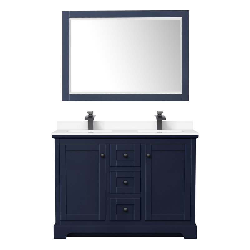 Ensemble de meuble-lavabo double 48 po avec miroir Avery, Bleu foncé, Noir mat, Marbre de culture blanc
