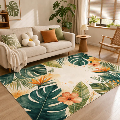 1 pièce à motif floral de feuillage tropical et d'hibiscus - conception artistique à l'aquarelle, grand tapis, envers durable et facile à nettoyer, envers antidérapant, convient au salon, à la chambre à coucher, à la cuisine, à la salle à manger et à la maison