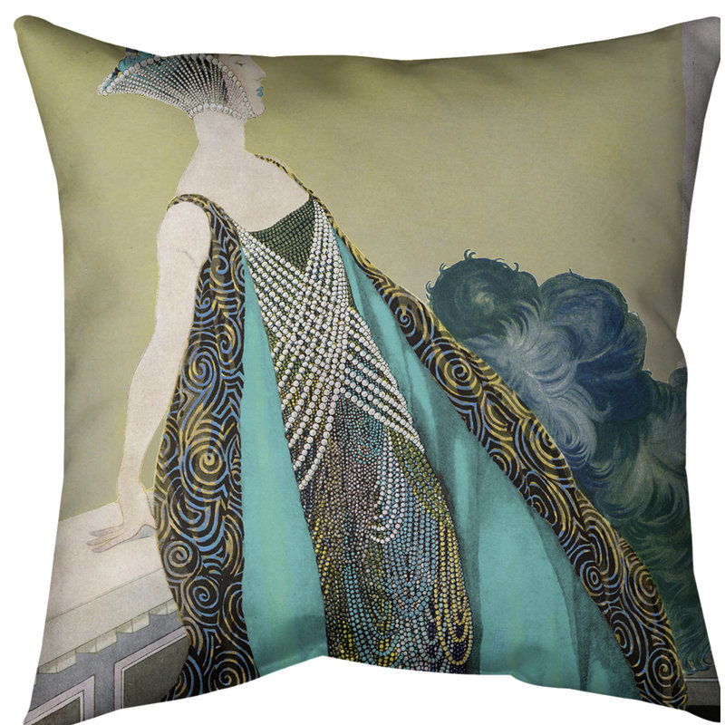 Housse de coussin Art Nouveau, 14 po x 14 po, Jaune / bleu sarcelle, Sergé de coton