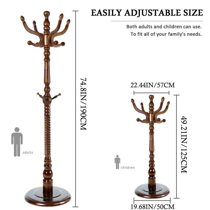 73" H Solid Wood Coat Rack With 14 Hooks – Freestanding Hall Tree For Entryway Or Bedroom, Walnut